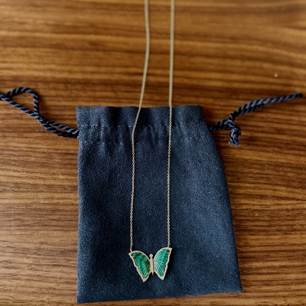Luna Skye 14k Gold & Diamond Malachite baby butterfly necklace. - Picture 8 of 15